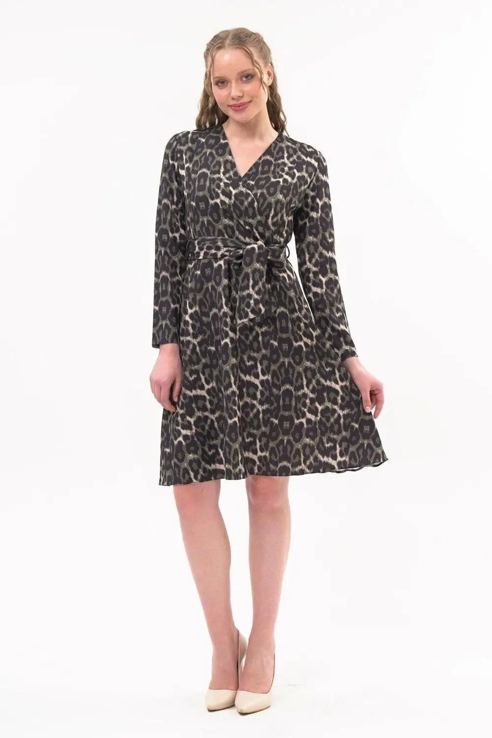 Apsen Kadın Haki Kruvaze Bağlama Detaylı Leopar Desenli Mevsimlik