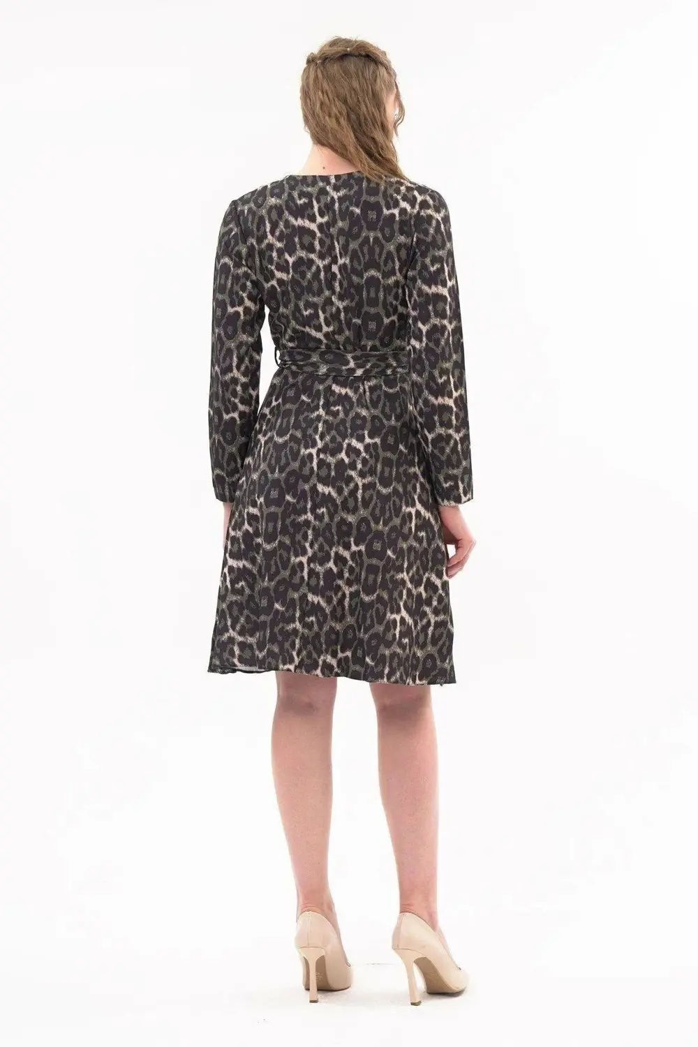 Apsen Kadın Haki Kruvaze Bağlama Detaylı Leopar Desenli Mevsimlik