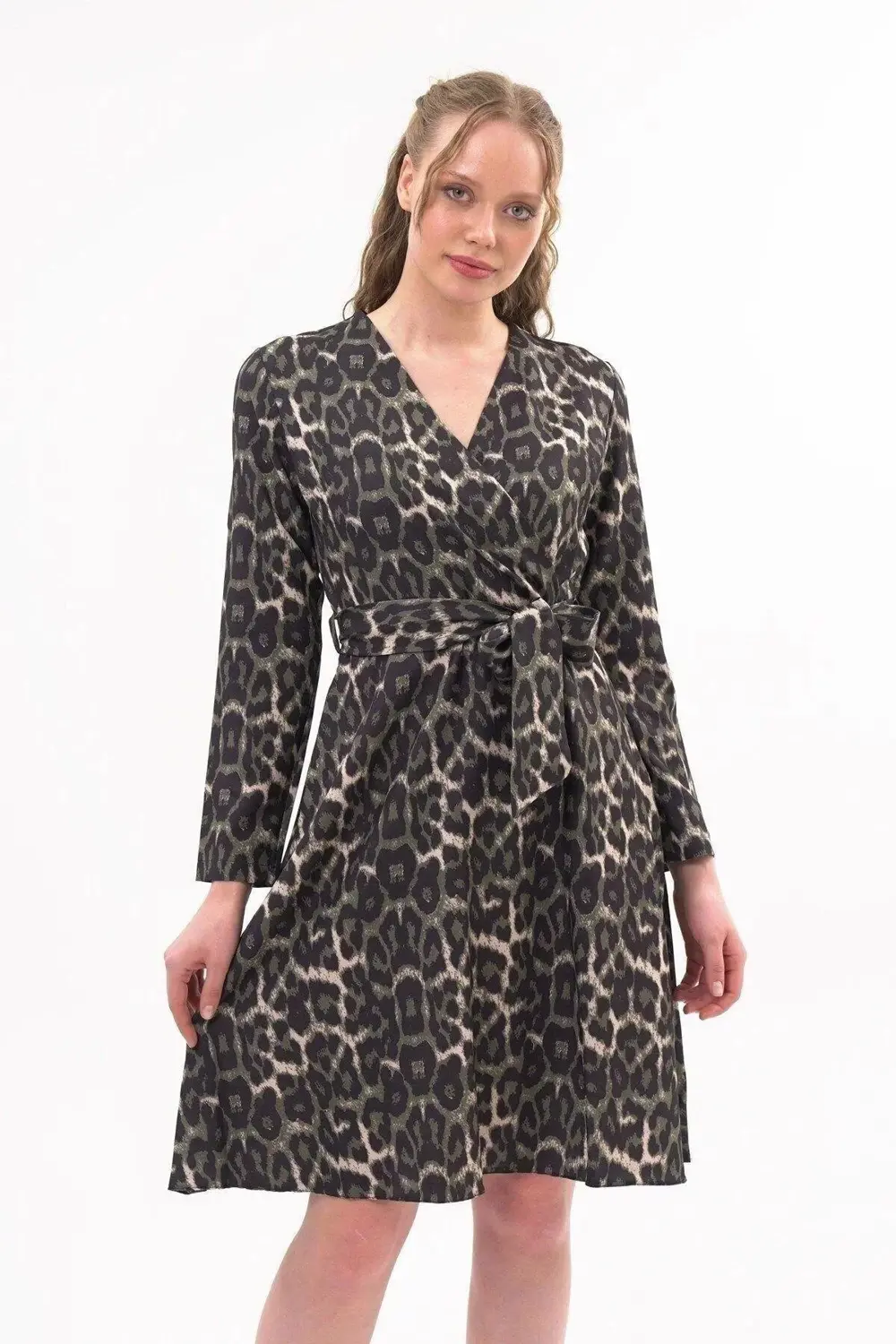 Apsen Kadın Haki Kruvaze Bağlama Detaylı Leopar Desenli Mevsimlik