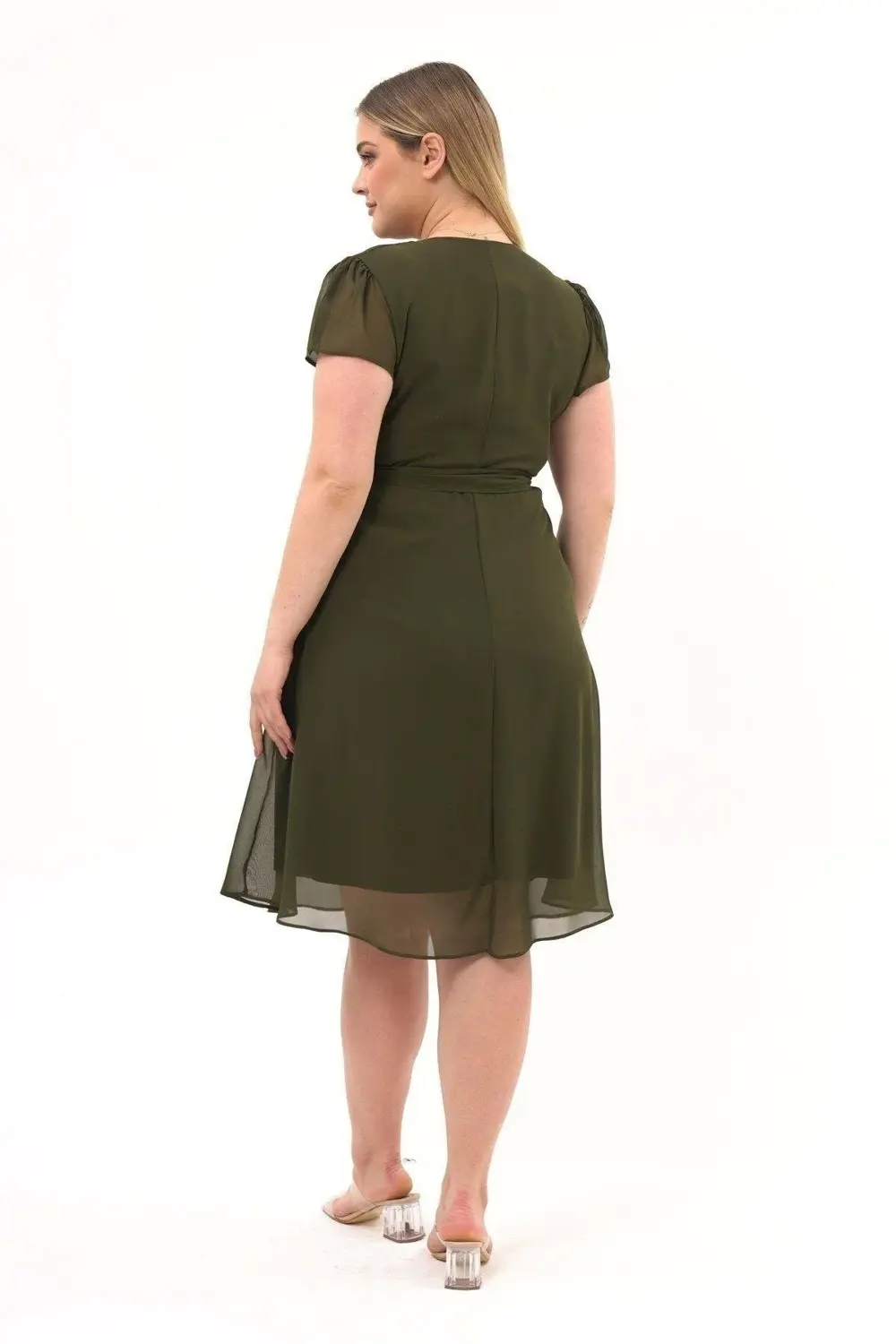 Apsen  Kadın Haki Kruvaze Yaka Kol Detaylı Midi Boy Şifon Elbise 4