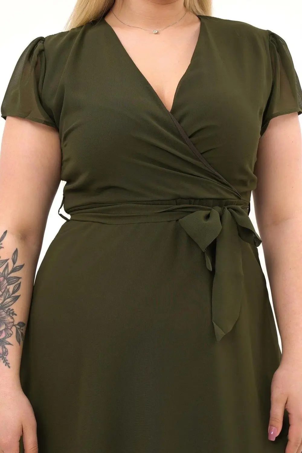 Apsen  Kadın Haki Kruvaze Yaka Kol Detaylı Midi Boy Şifon Elbise 4