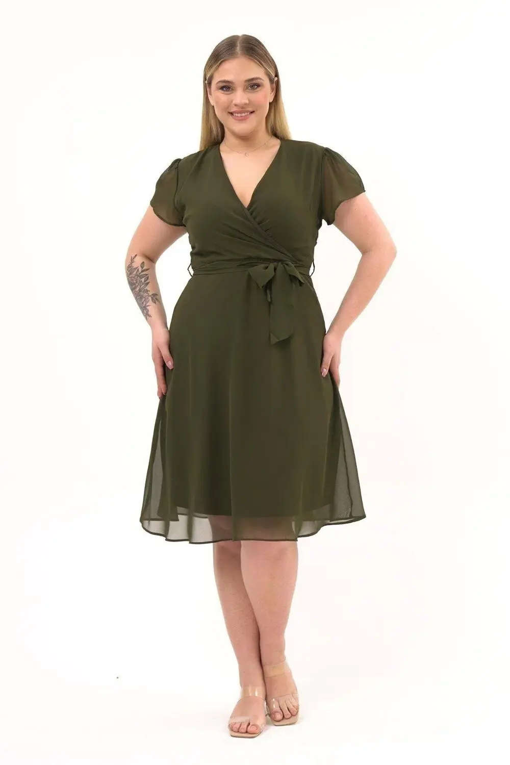 Apsen  Kadın Haki Kruvaze Yaka Kol Detaylı Midi Boy Şifon Elbise 4