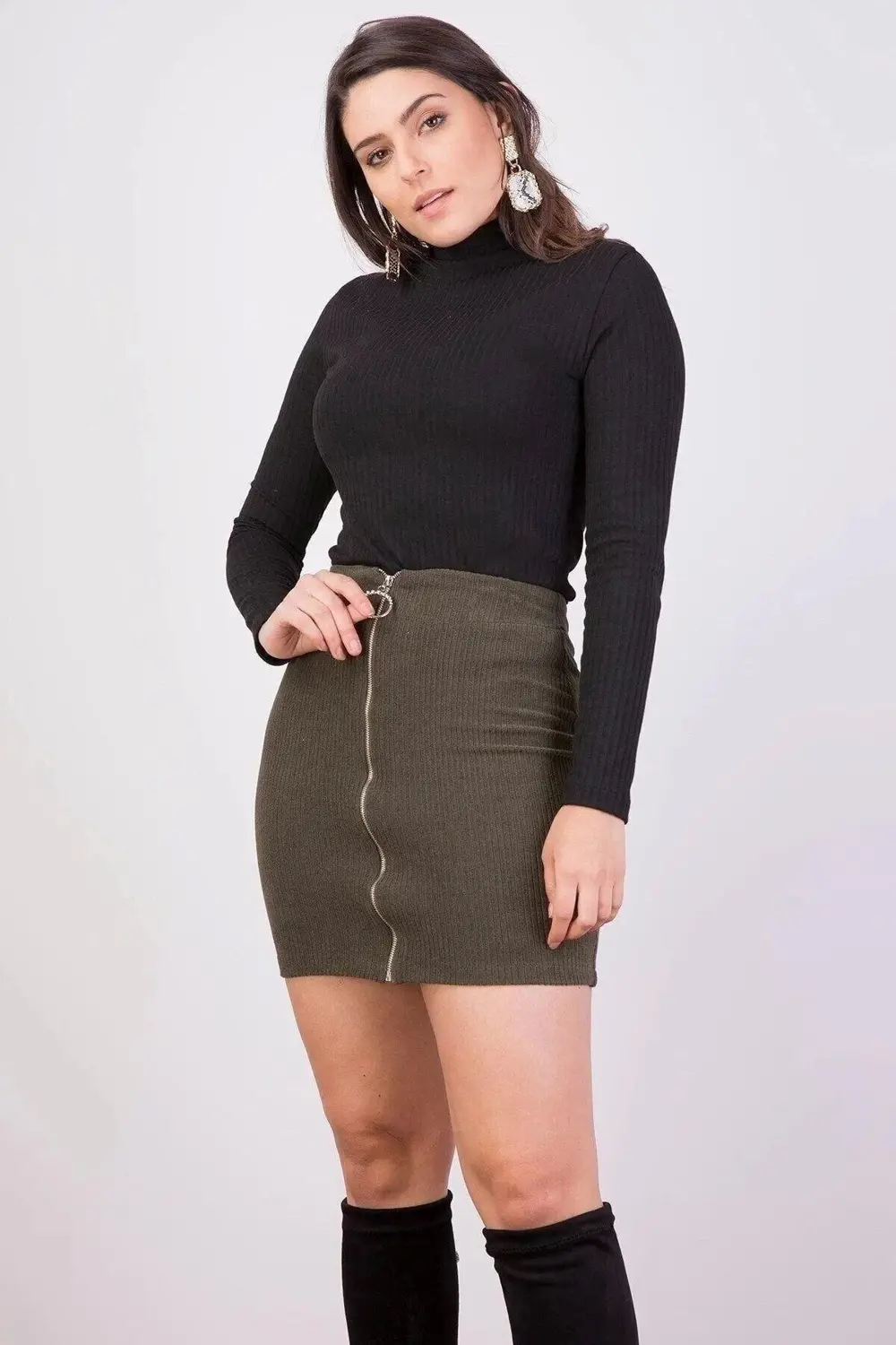 Apsen Kadın Haki Önden Fermuarlı fitilli Kadife Kışlık Mini Etek