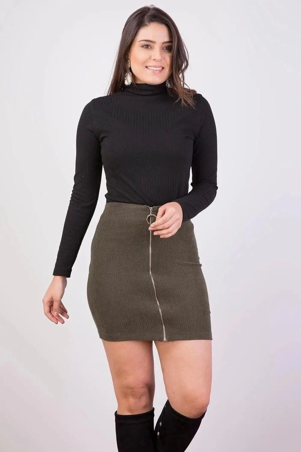 Apsen Kadın Haki Önden Fermuarlı fitilli Kadife Kışlık Mini Etek