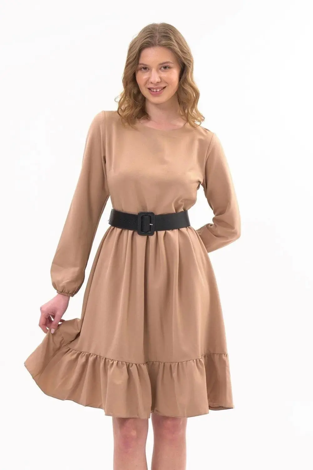 Apsen Kadın Hardal Eteği Fırfırlı Bisiklet Yaka Kemer Detaylı Elb