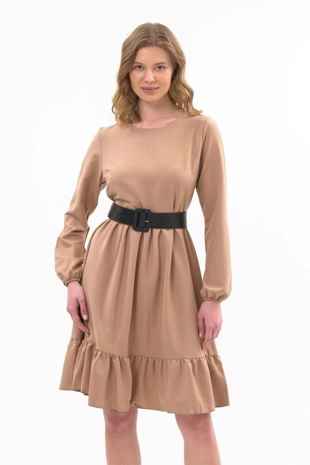 Apsen Kadın Hardal Eteği Fırfırlı Bisiklet Yaka Kemer Detaylı Elb