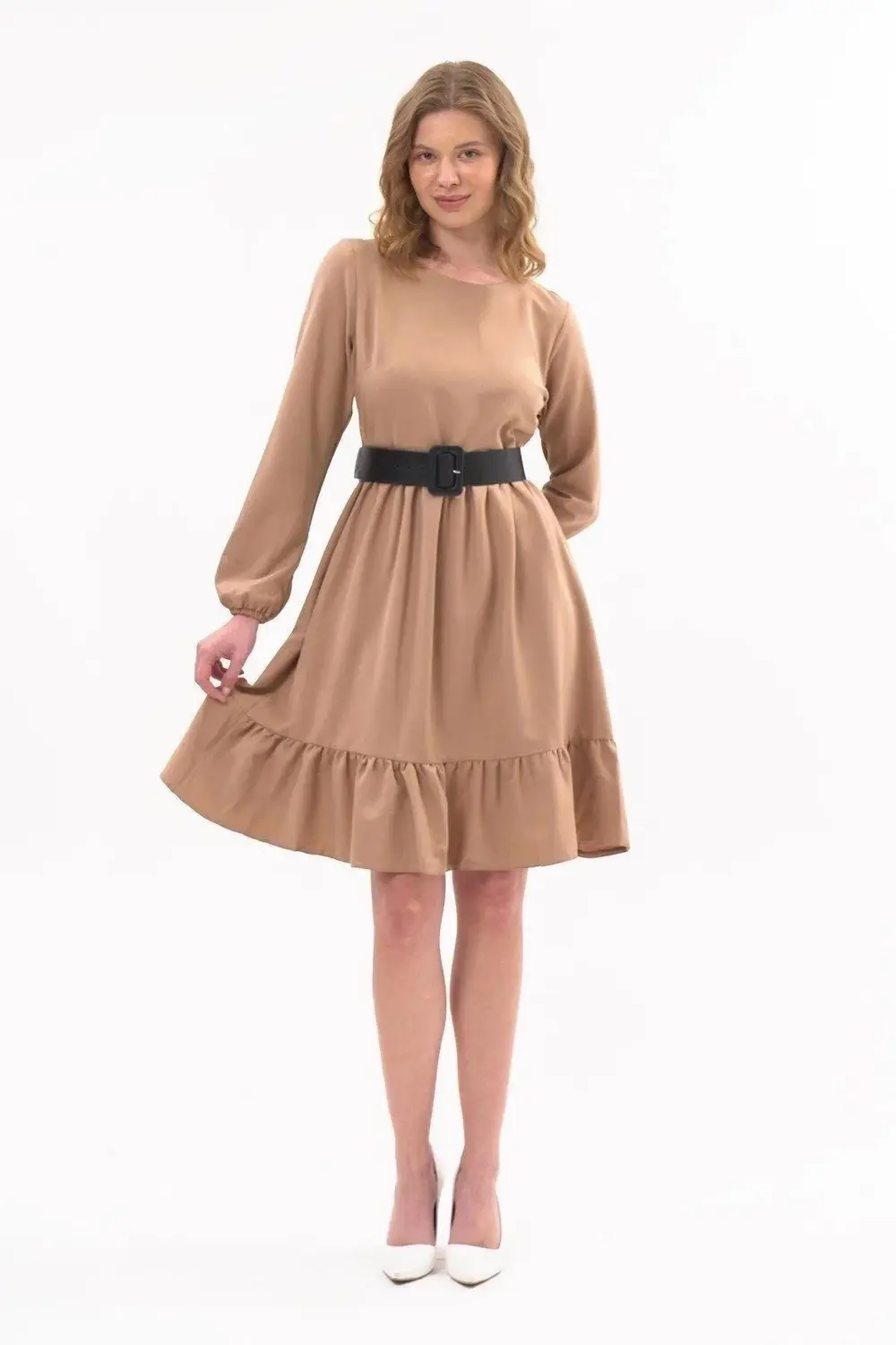 Apsen Kadın Hardal Eteği Fırfırlı Bisiklet Yaka Kemer Detaylı Elb