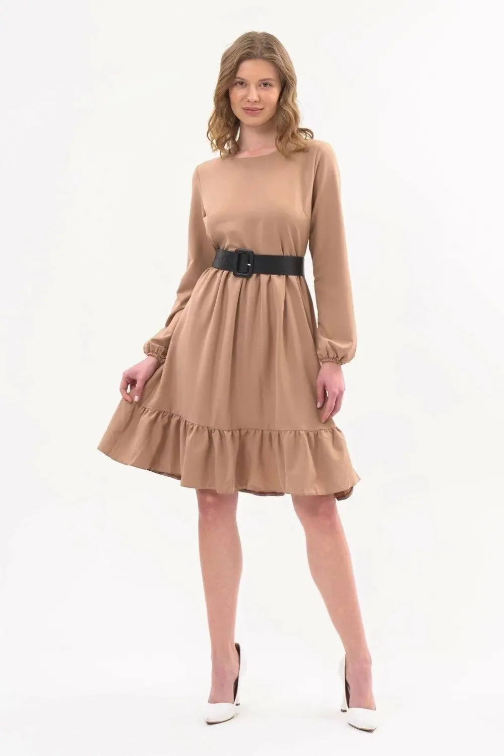 Apsen Kadın Hardal Eteği Fırfırlı Bisiklet Yaka Kemer Detaylı Elb