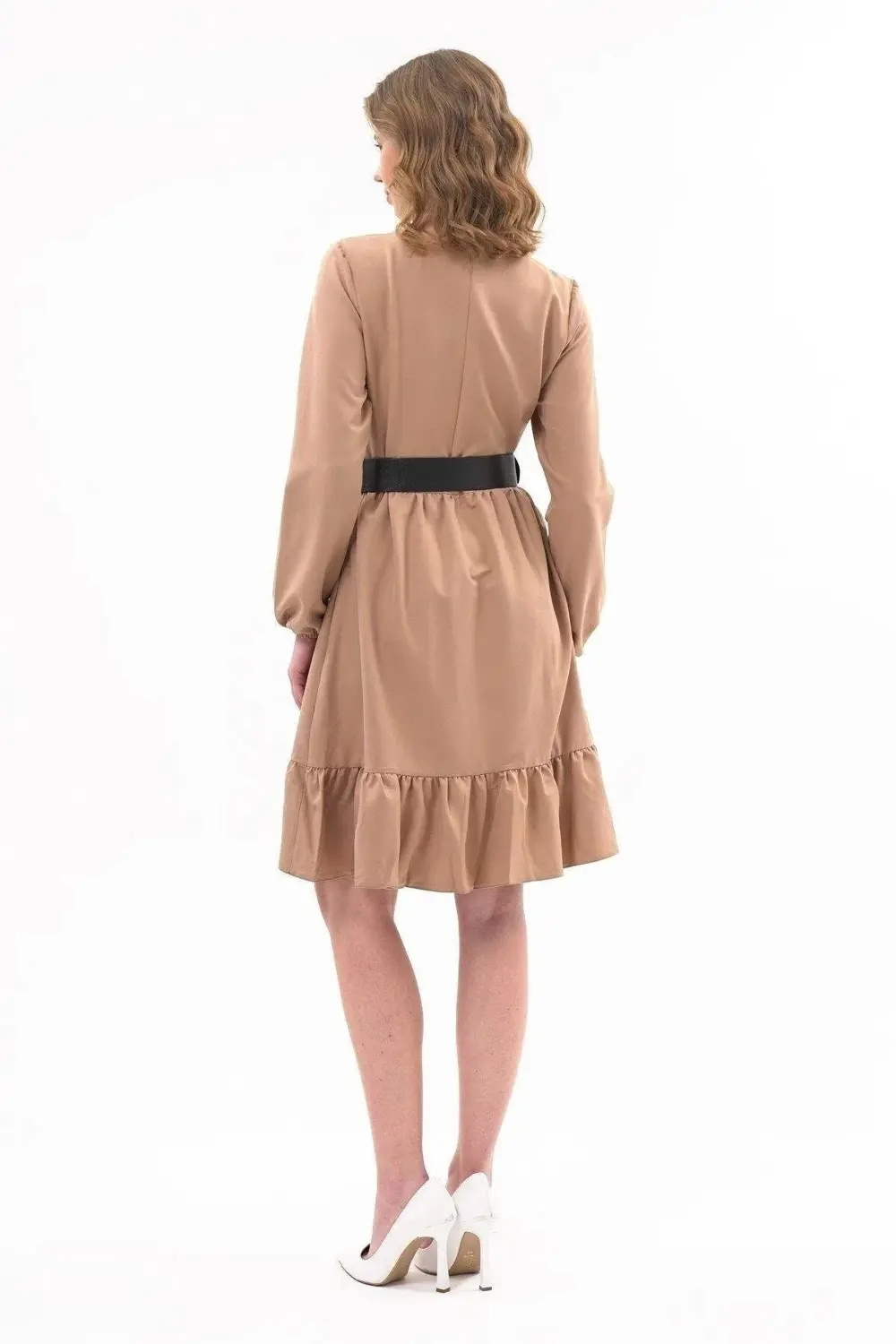 Apsen Kadın Hardal Eteği Fırfırlı Bisiklet Yaka Kemer Detaylı Elb