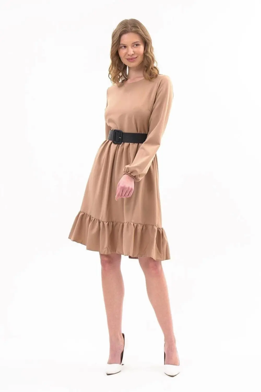 Apsen Kadın Hardal Eteği Fırfırlı Bisiklet Yaka Kemer Detaylı Elb