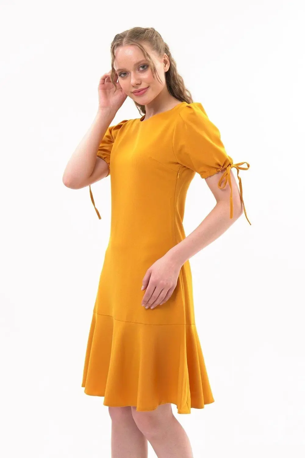 Apsen Kadın Hardal Pileli kol Bağlama Detaylı Volanlı Midi Boy El