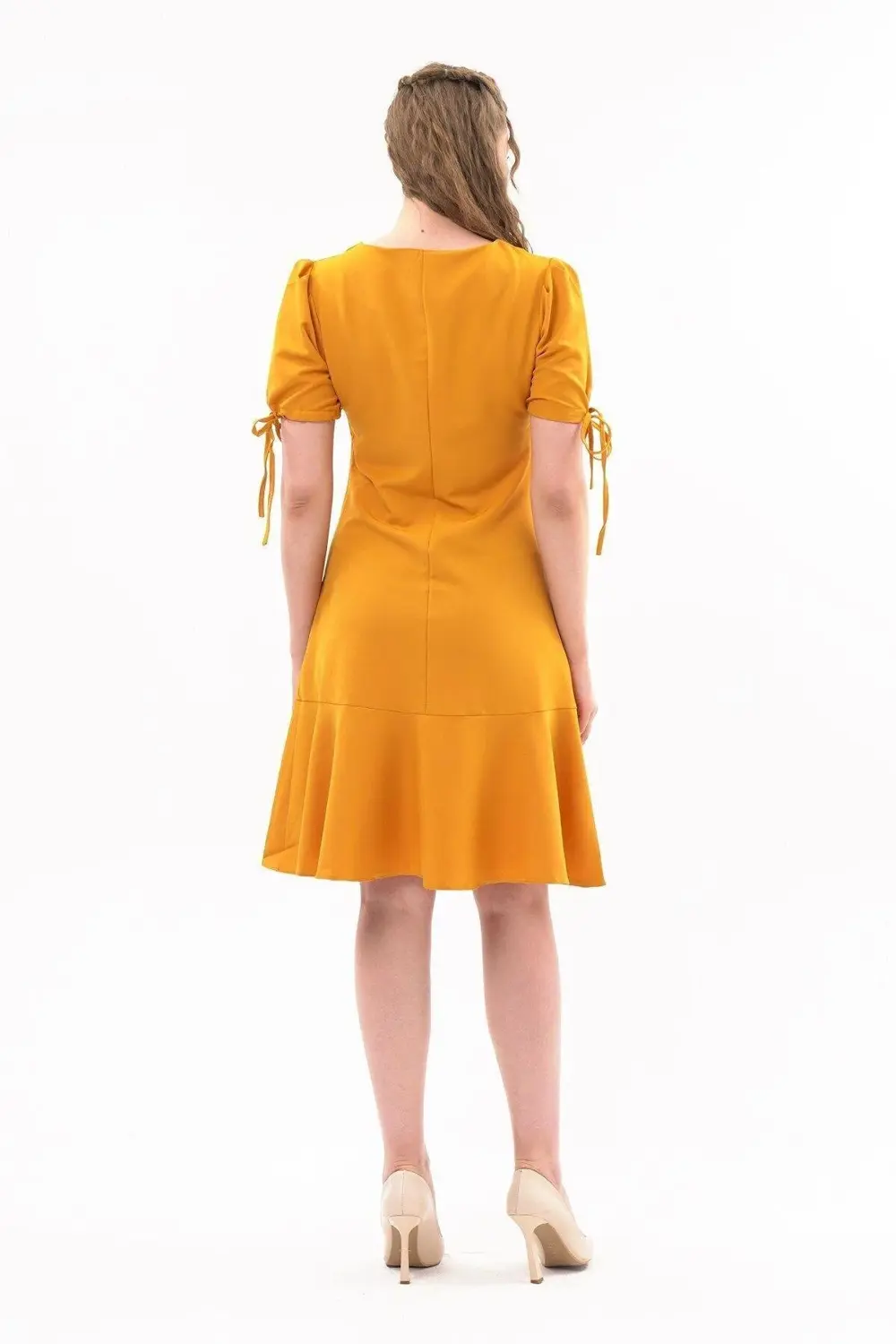 Apsen Kadın Hardal Pileli kol Bağlama Detaylı Volanlı Midi Boy El