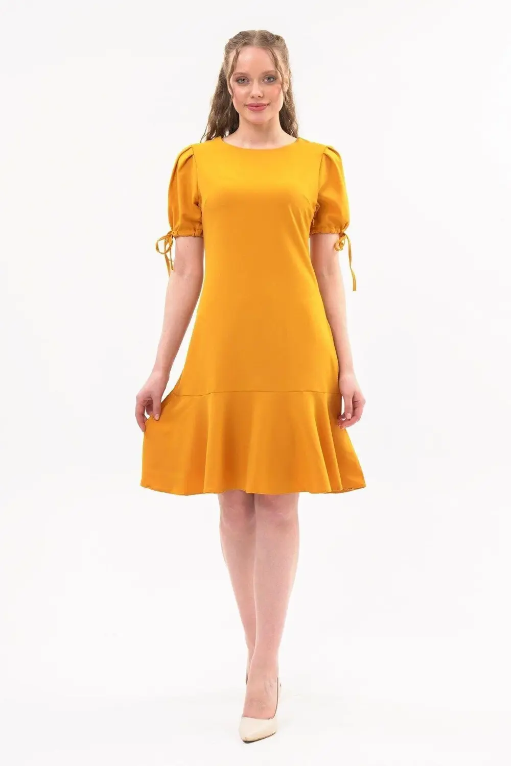 Apsen Kadın Hardal Pileli kol Bağlama Detaylı Volanlı Midi Boy El