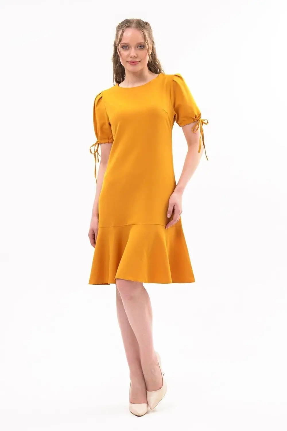 Apsen Kadın Hardal Pileli kol Bağlama Detaylı Volanlı Midi Boy El