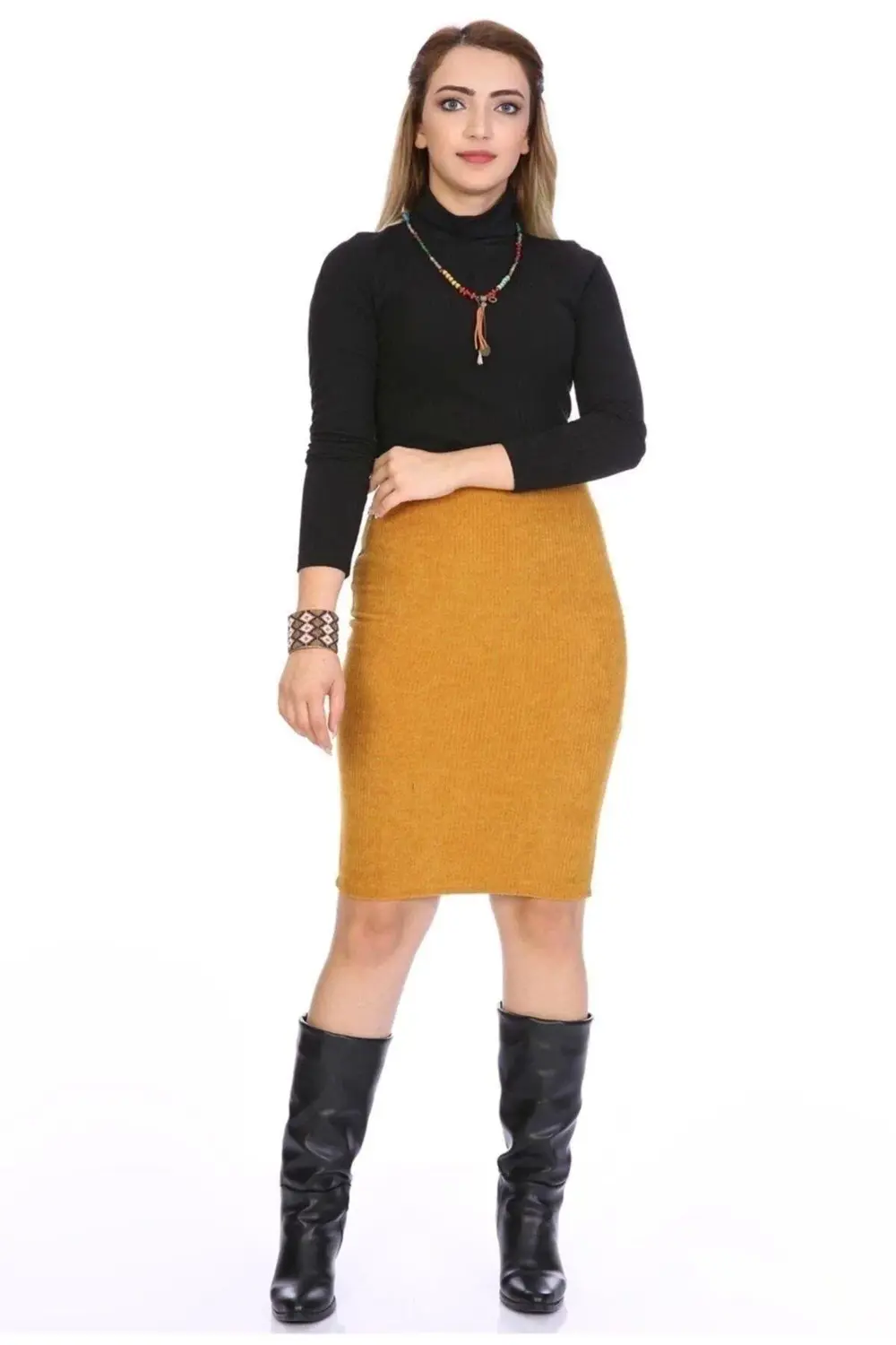 Apsen Kadın Hardal Renk Beli Lastikli Kadife Kalem Kışık Etek 212