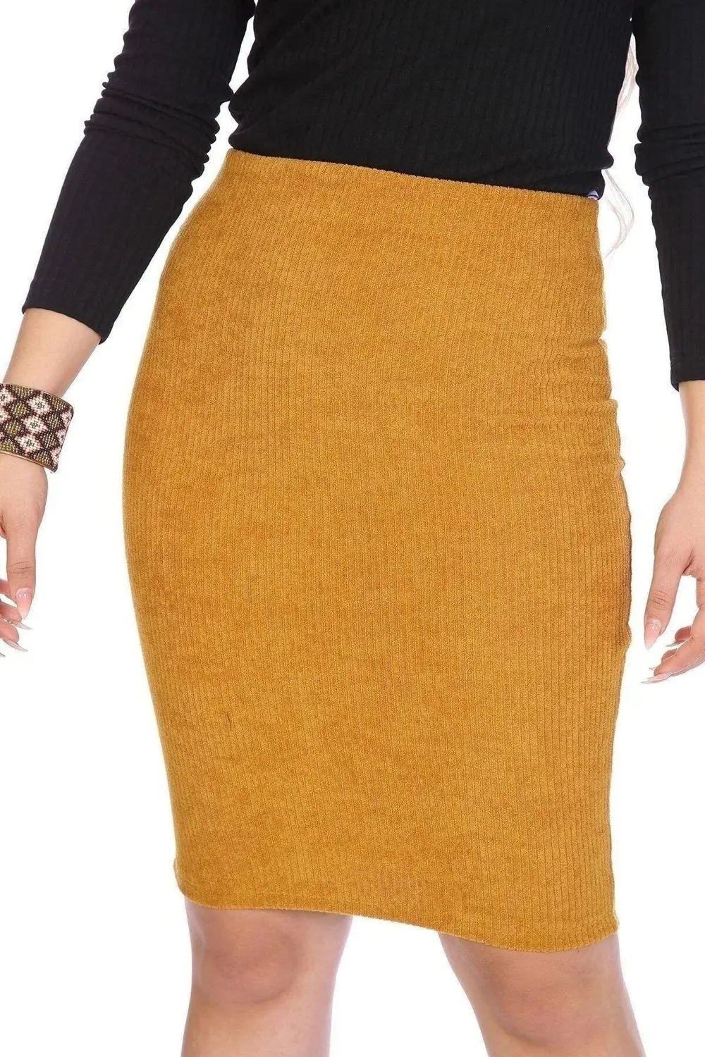 Apsen Kadın Hardal Renk Beli Lastikli Kadife Kalem Kışık Etek 212