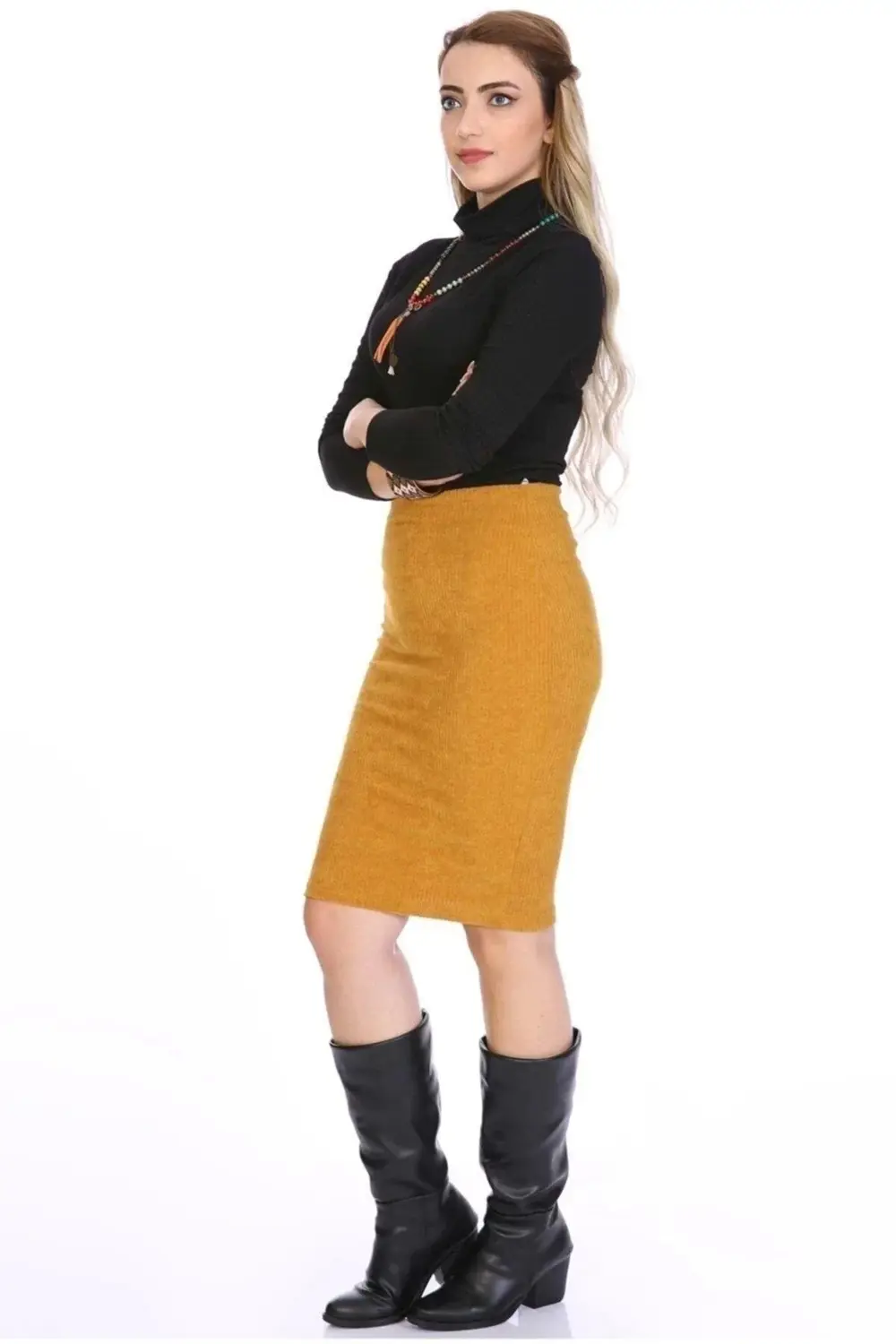 Apsen Kadın Hardal Renk Beli Lastikli Kadife Kalem Kışık Etek 212