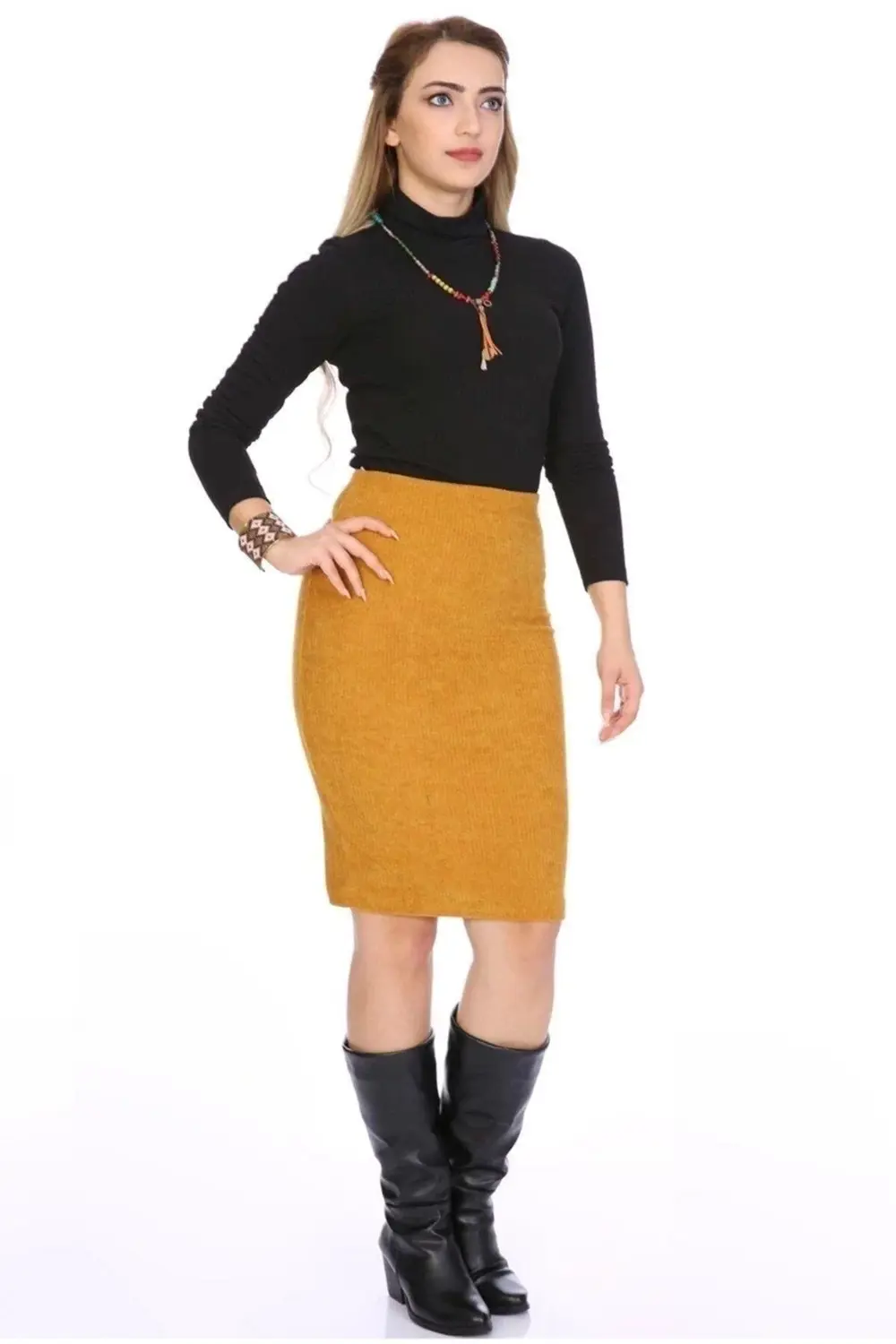 Apsen Kadın Hardal Renk Beli Lastikli Kadife Kalem Kışık Etek 212