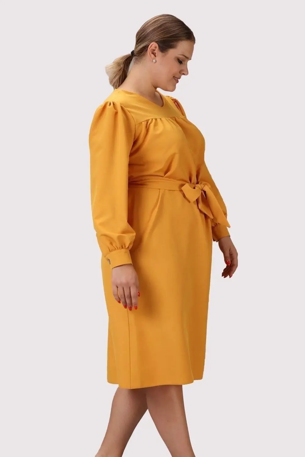 Morise Apsen Kadın Hardal Uzun Kol Mevsimlik Midi Boy Büyük Beden Elbise