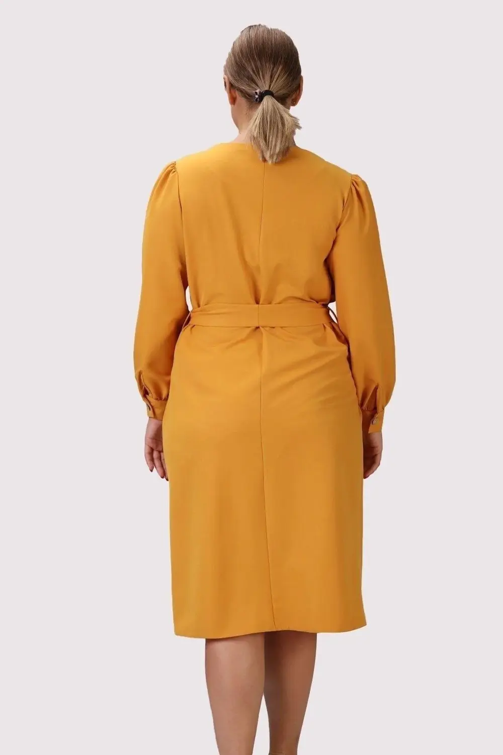 Morise Apsen Kadın Hardal Uzun Kol Mevsimlik Midi Boy Büyük Beden Elbise