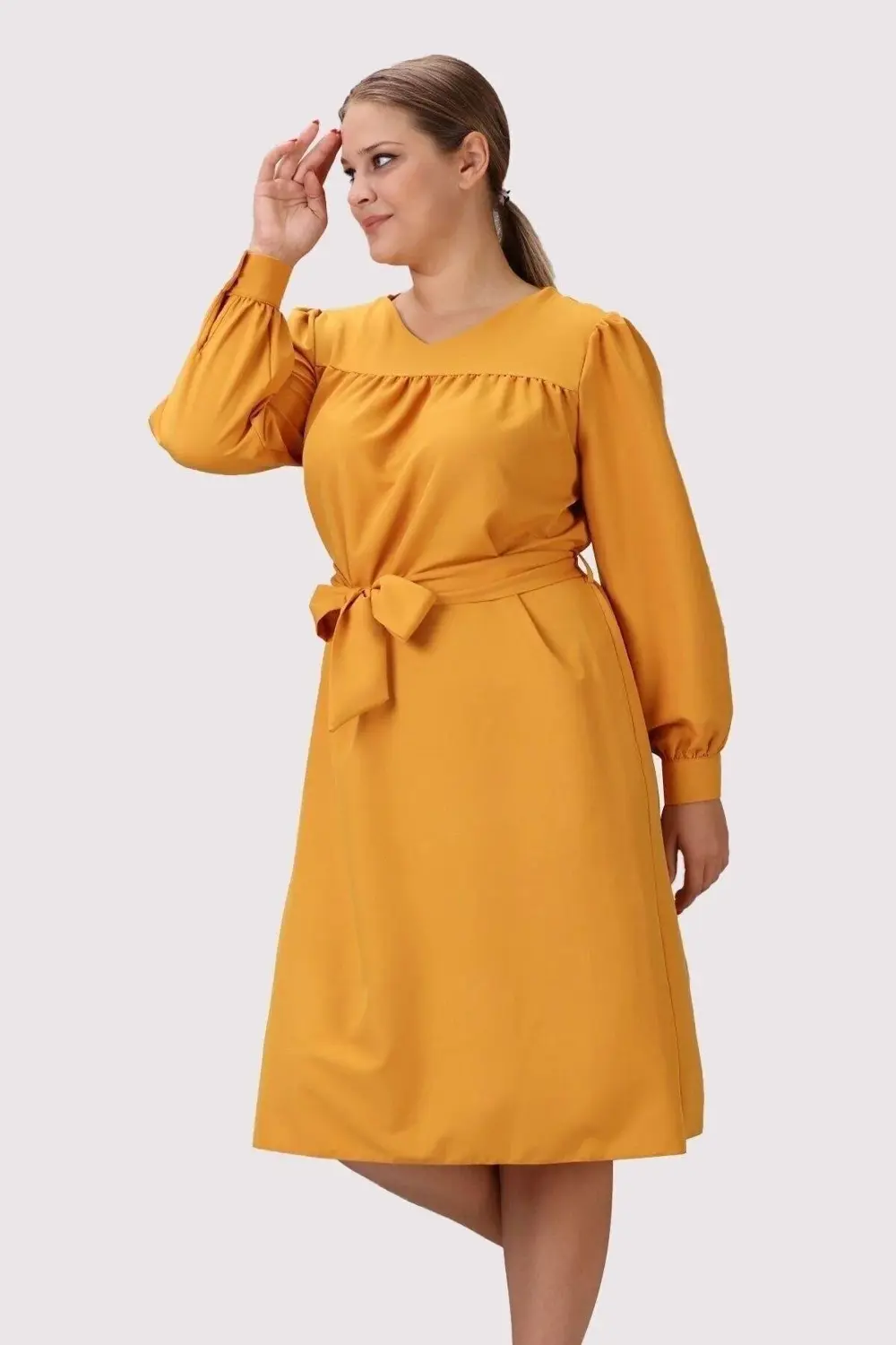 Morise Apsen Kadın Hardal Uzun Kol Mevsimlik Midi Boy Büyük Beden Elbise