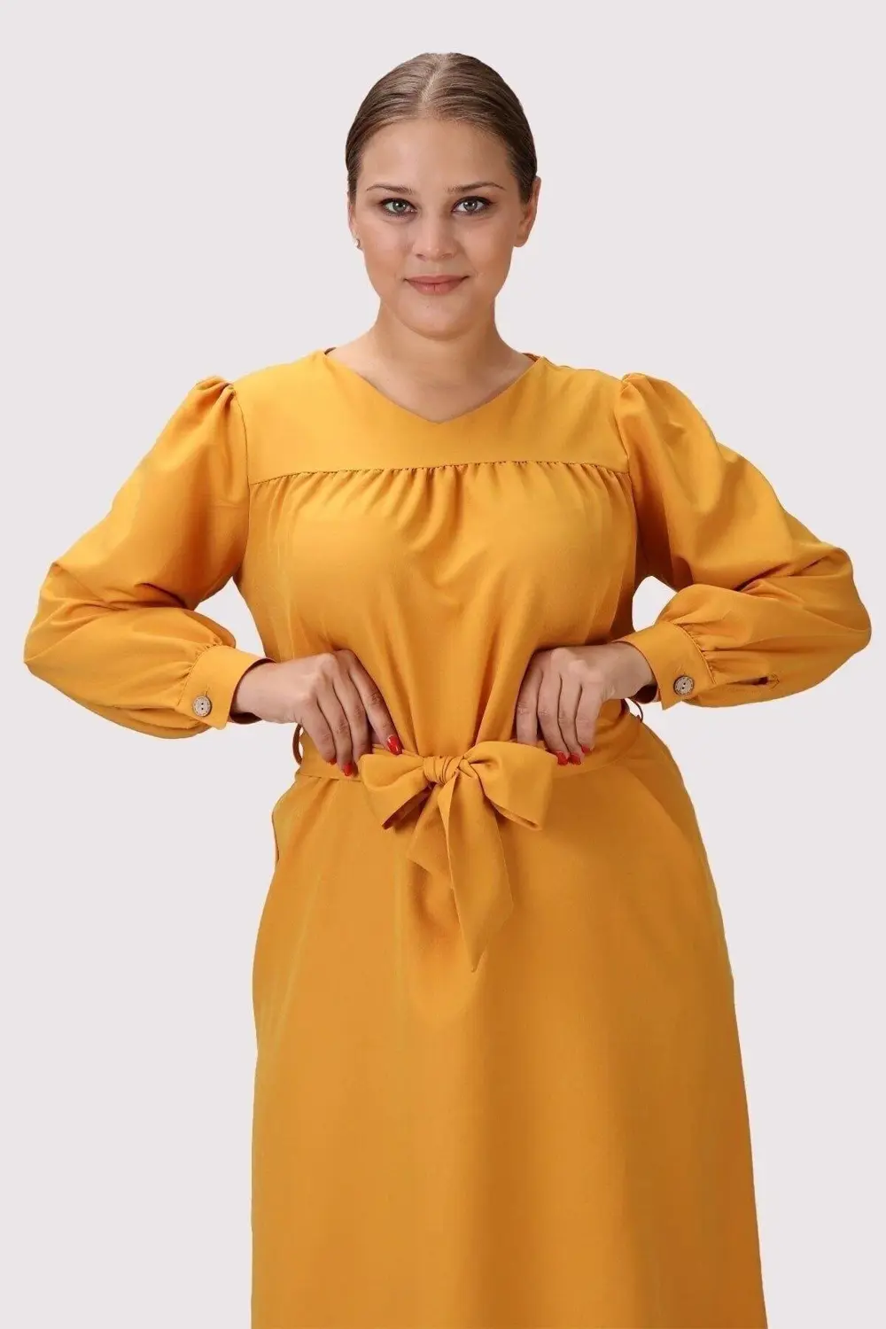 Morise Apsen Kadın Hardal Uzun Kol Mevsimlik Midi Boy Büyük Beden Elbise