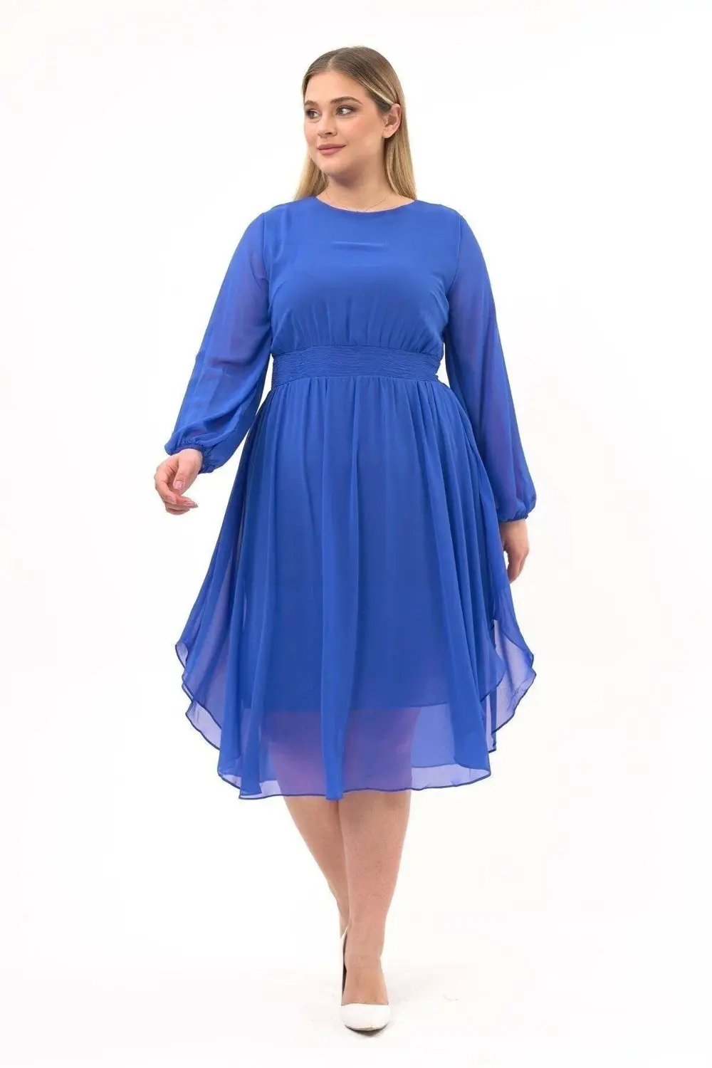 Apsen  Kadın İndigo Bisiklet Yaka Uzun Kol Detaylı Midi Boy Şifon