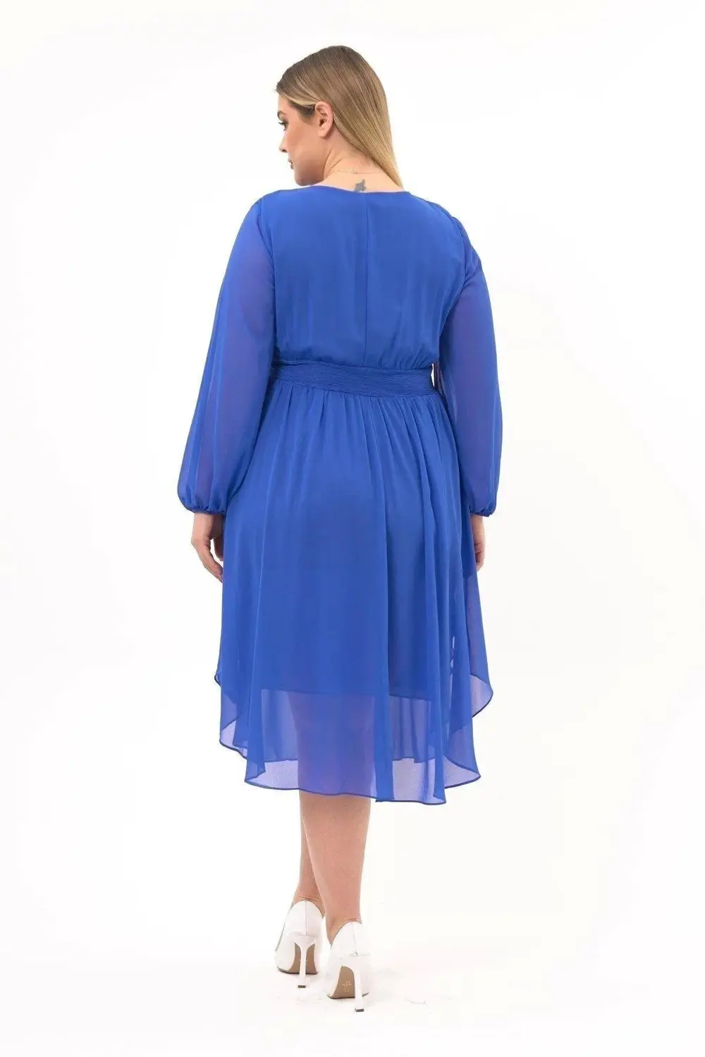 Apsen  Kadın İndigo Bisiklet Yaka Uzun Kol Detaylı Midi Boy Şifon