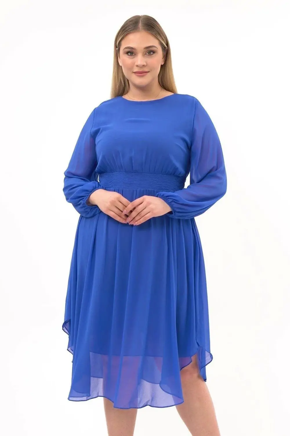 Apsen  Kadın İndigo Bisiklet Yaka Uzun Kol Detaylı Midi Boy Şifon