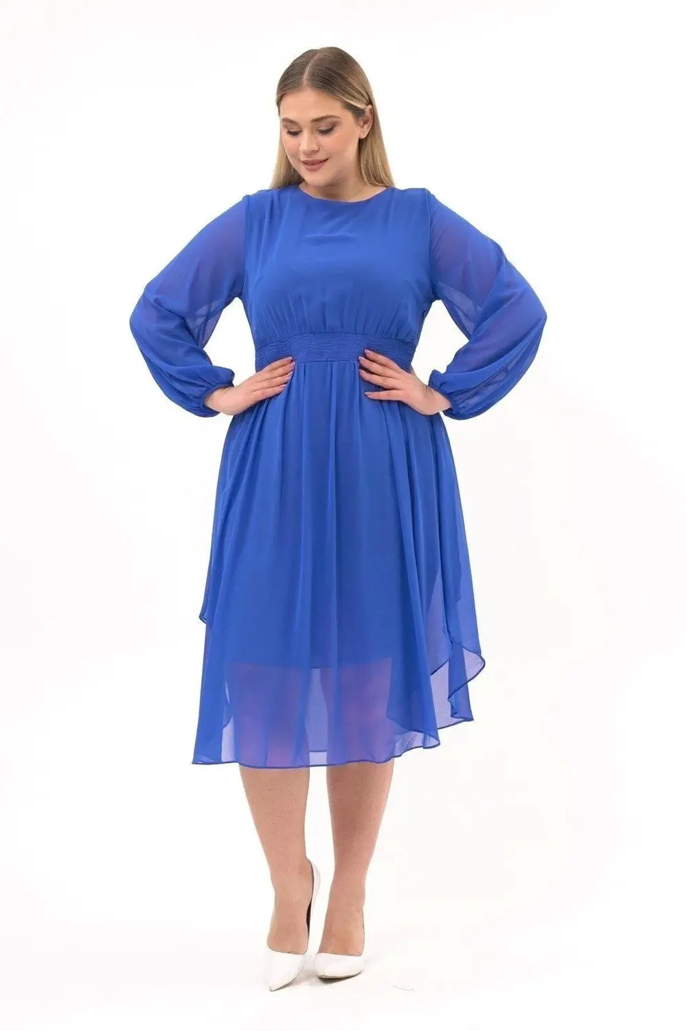 Apsen  Kadın İndigo Bisiklet Yaka Uzun Kol Detaylı Midi Boy Şifon