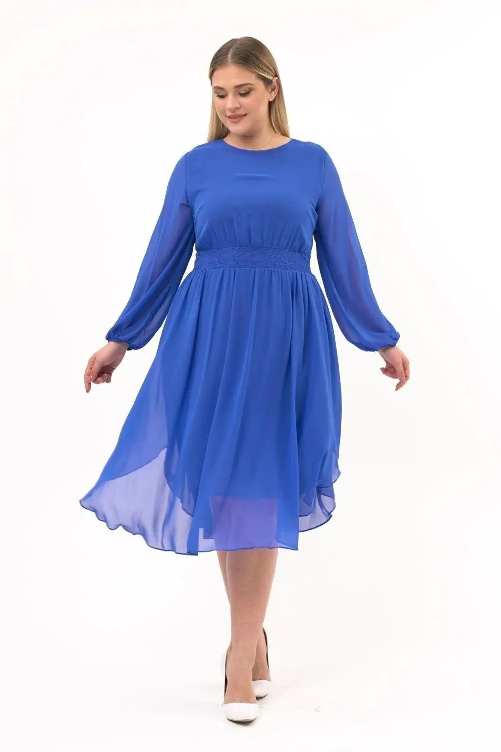 Apsen  Kadın İndigo Bisiklet Yaka Uzun Kol Detaylı Midi Boy Şifon