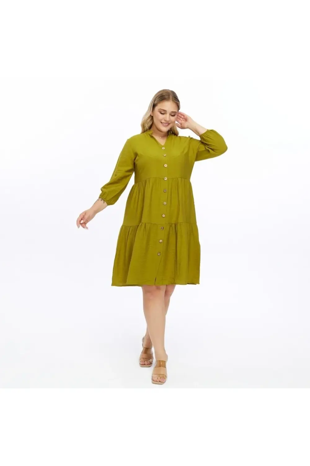 Apsen  Kadın İndigo Büyük Beden V Yaka Düğmeli Midi Elbise 4483-10