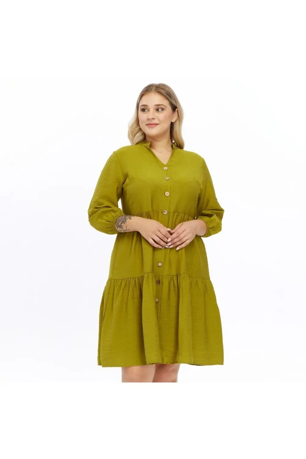 Apsen  Kadın İndigo Büyük Beden V Yaka Düğmeli Midi Elbise 4483-10