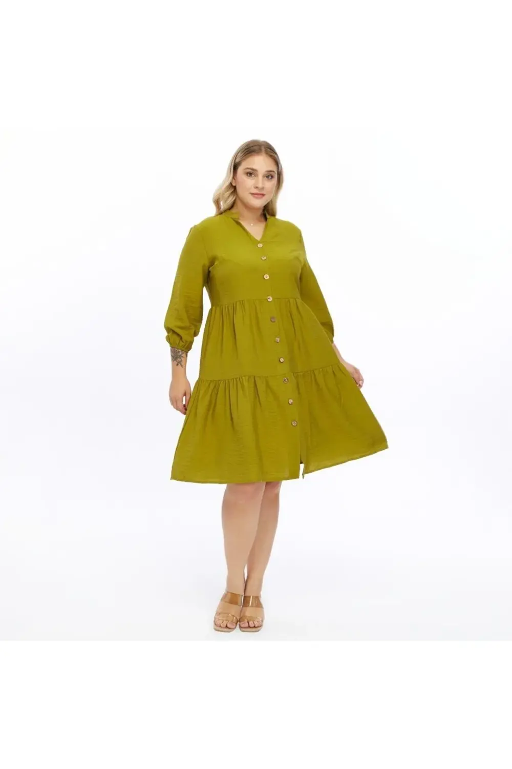 Apsen  Kadın İndigo Büyük Beden V Yaka Düğmeli Midi Elbise 4483-10