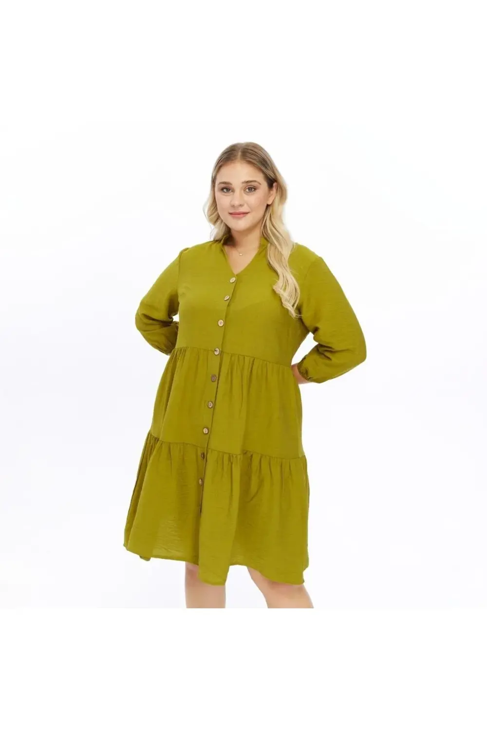 Apsen  Kadın İndigo Büyük Beden V Yaka Düğmeli Midi Elbise 4483-10