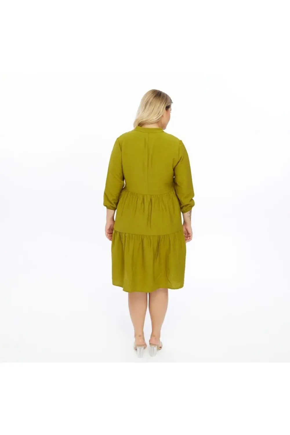 Apsen  Kadın İndigo Büyük Beden V Yaka Düğmeli Midi Elbise 4483-10