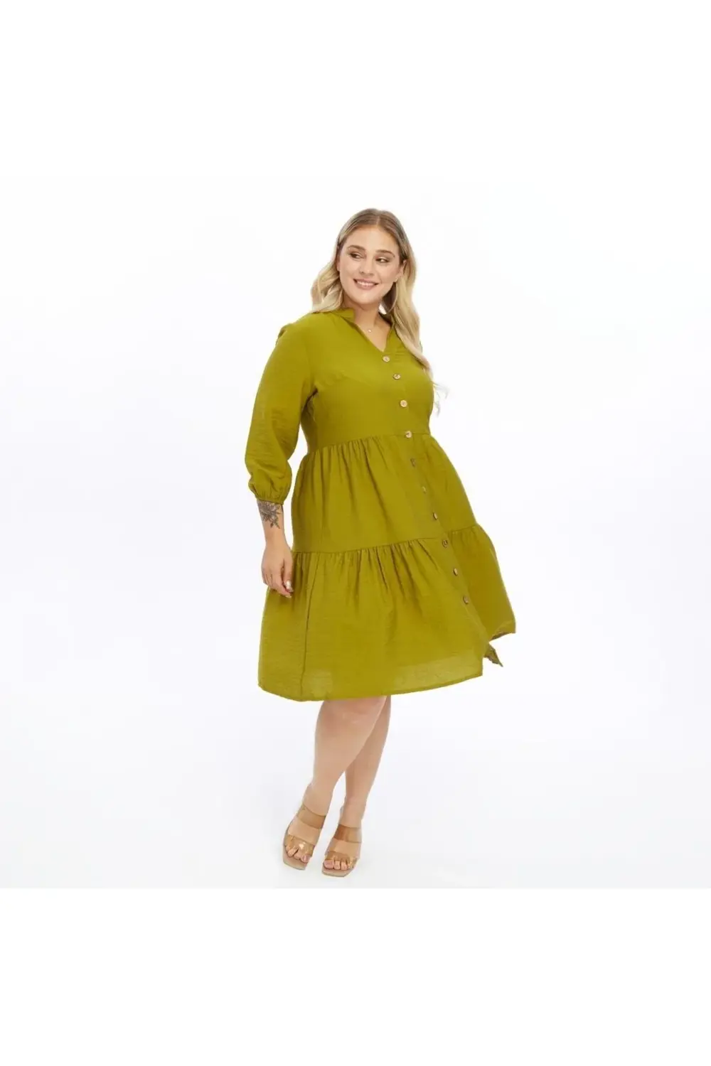 Apsen  Kadın İndigo Büyük Beden V Yaka Düğmeli Midi Elbise 4483-10