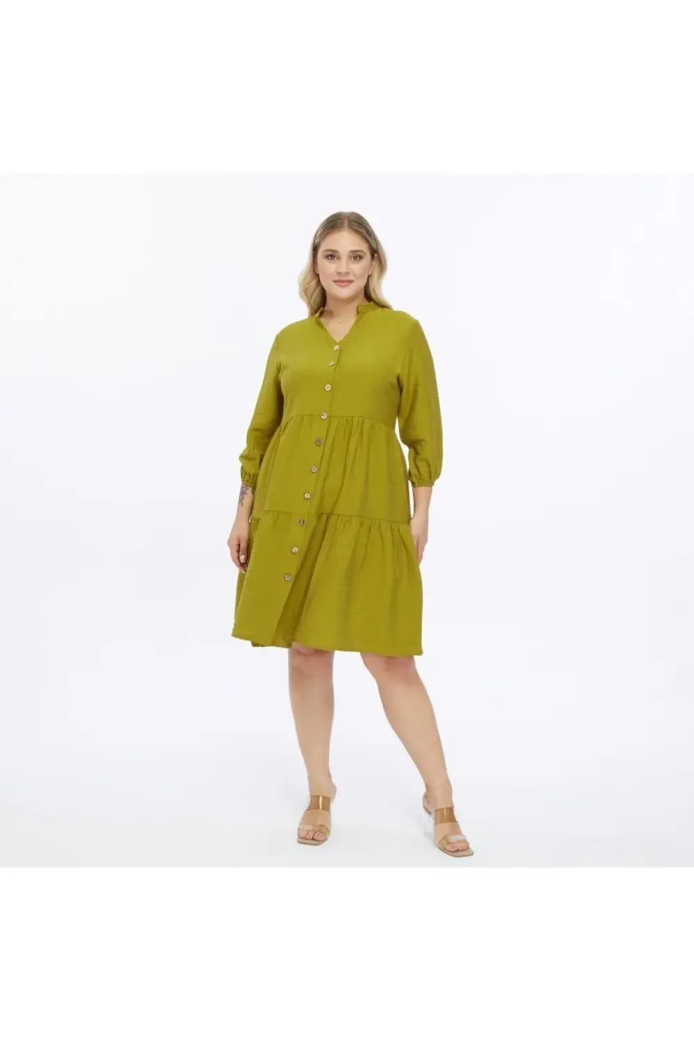 Apsen  Kadın İndigo Büyük Beden V Yaka Düğmeli Midi Elbise 4483-10