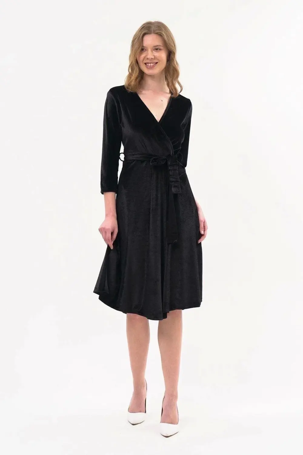 Apsen Kadın Kadife Siyah Kruvaze Yaka Midi Elbise 4484/110