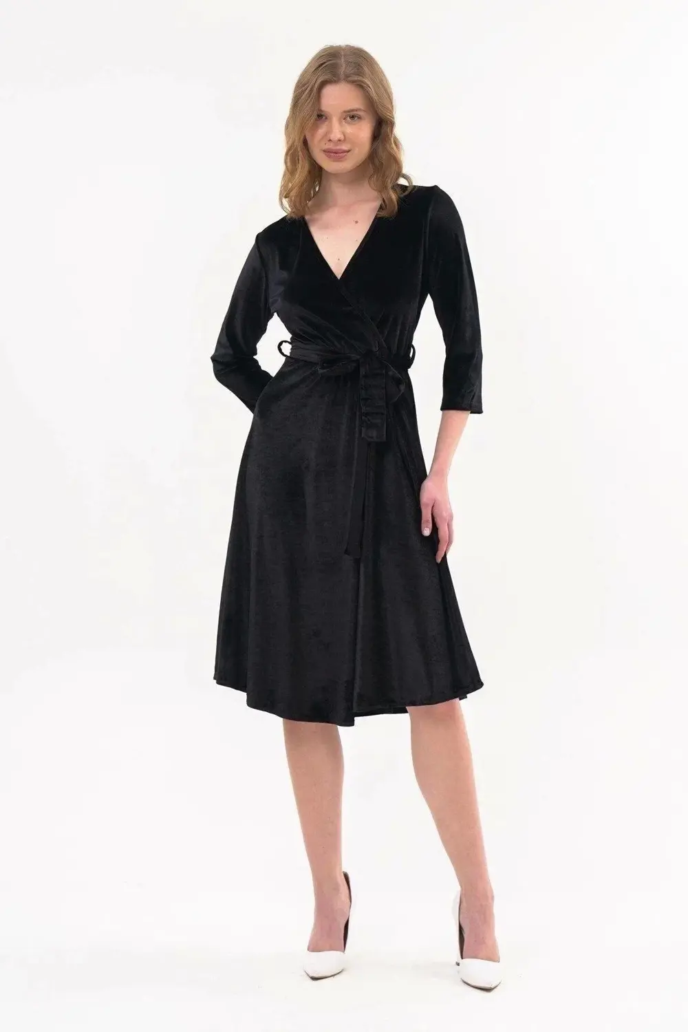Apsen Kadın Kadife Siyah Kruvaze Yaka Midi Elbise 4484/110