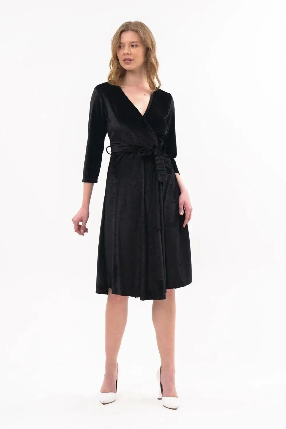 Apsen Kadın Kadife Siyah Kruvaze Yaka Midi Elbise 4484/110