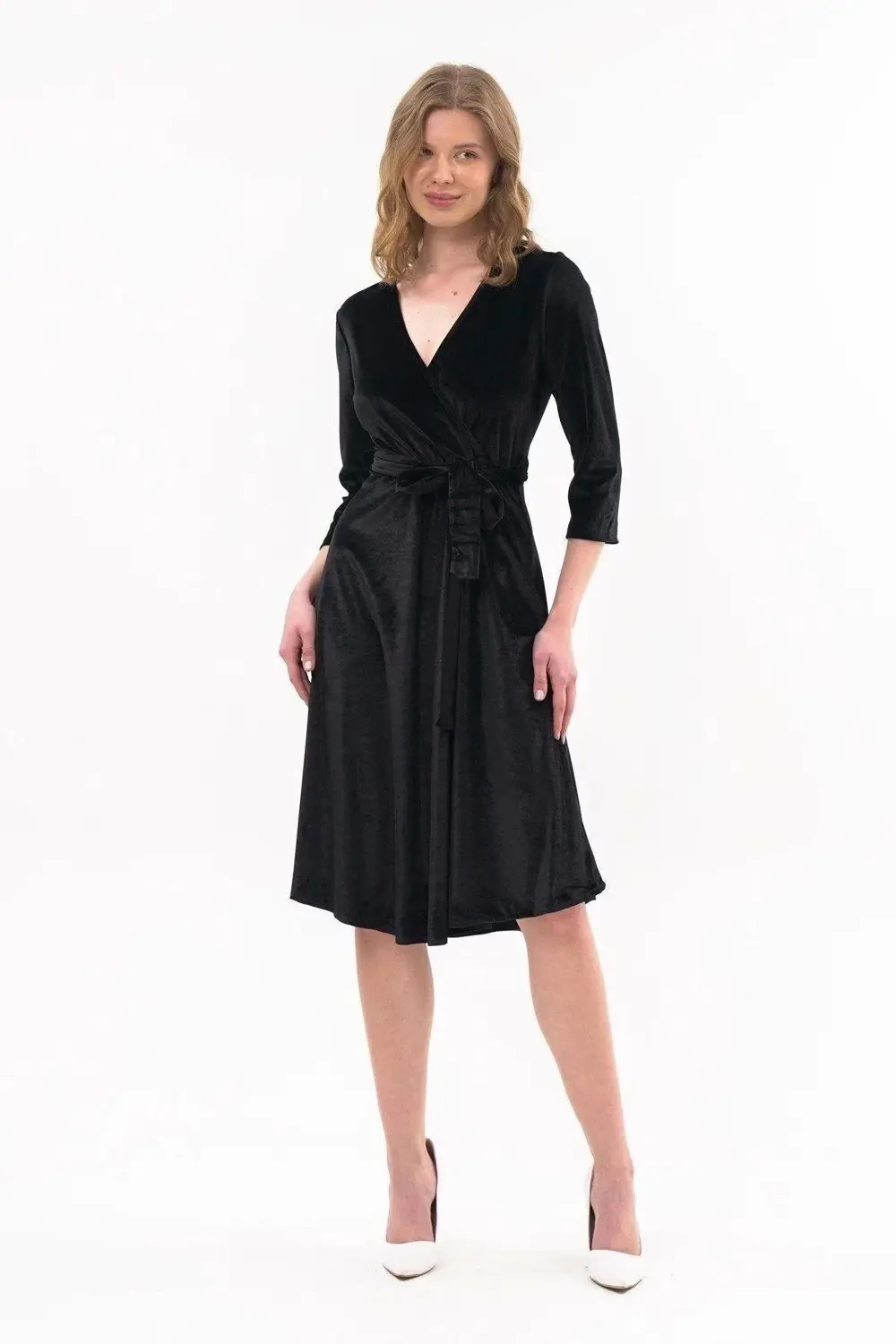Apsen Kadın Kadife Siyah Kruvaze Yaka Midi Elbise 4484/110