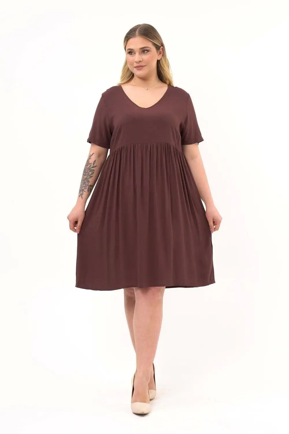 Apsen  Kadın Kahve Büzgü Detaylı Midi Yazlık Büyük Beden Elbise 44