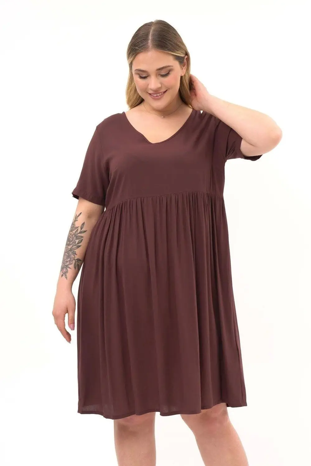 Apsen  Kadın Kahve Büzgü Detaylı Midi Yazlık Büyük Beden Elbise 44
