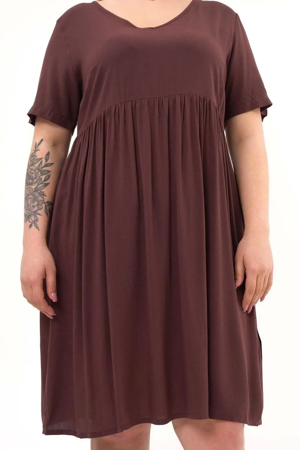 Apsen  Kadın Kahve Büzgü Detaylı Midi Yazlık Büyük Beden Elbise 44