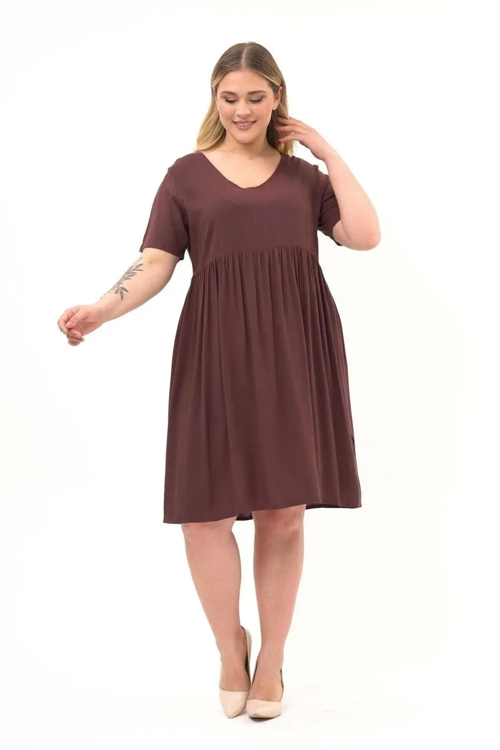 Apsen  Kadın Kahve Büzgü Detaylı Midi Yazlık Büyük Beden Elbise 44