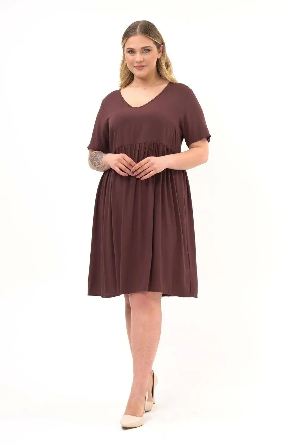 Apsen  Kadın Kahve Büzgü Detaylı Midi Yazlık Büyük Beden Elbise 44