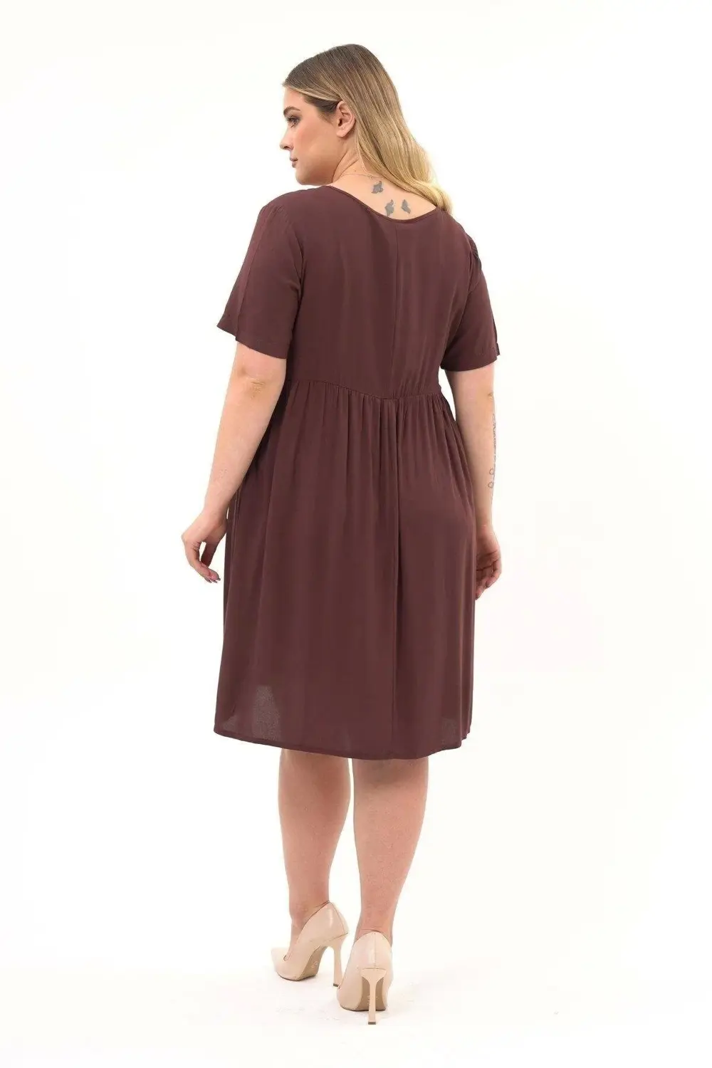 Apsen  Kadın Kahve Büzgü Detaylı Midi Yazlık Büyük Beden Elbise 44