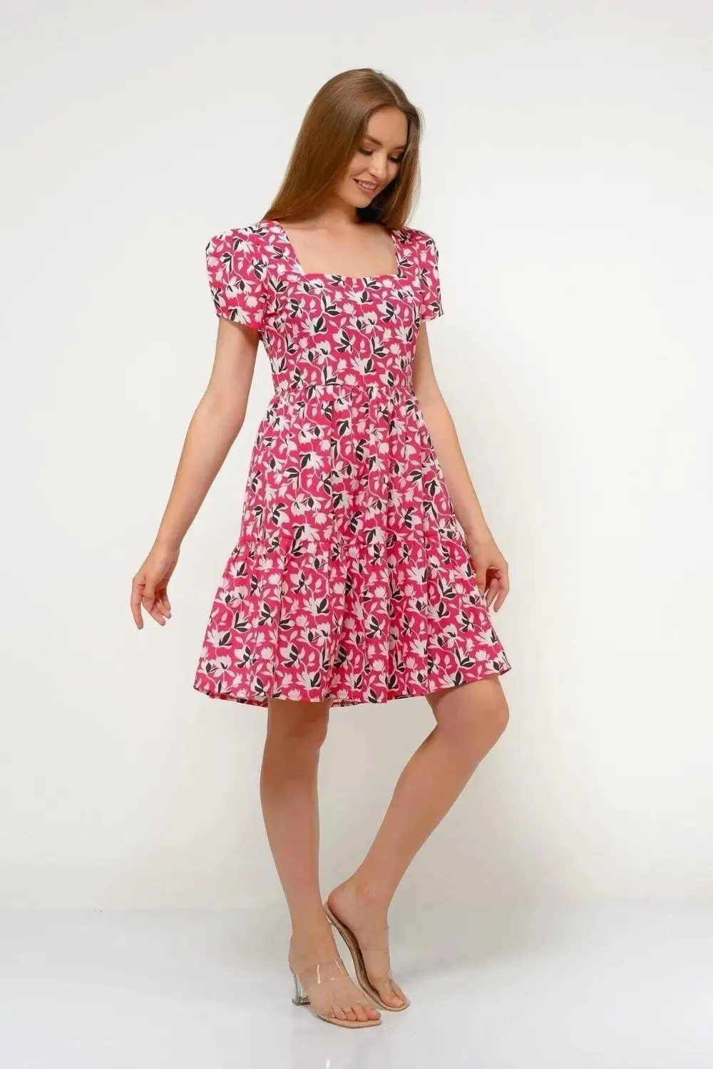 Apsen Kadın Kare Yaka Büzgü Detaylı Mini Boy Yazlık Elbise 4447-9