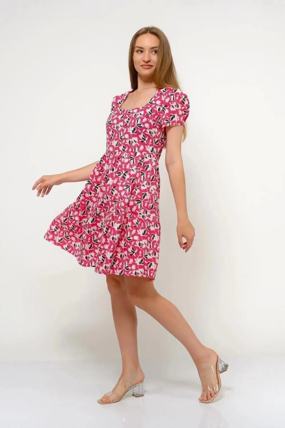 Apsen Kadın Kare Yaka Büzgü Detaylı Mini Boy Yazlık Elbise 4447-9